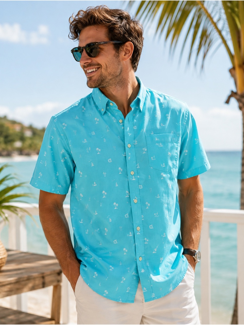 Izod Aqua Short-Sleeve Button-Down Shirt with Subtle Print